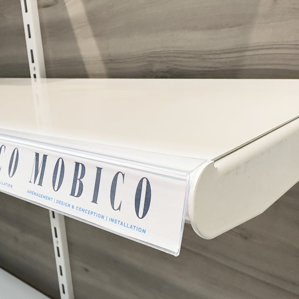 Bande porte - prix autocollant 48’’ x 1¼’’ H dos et devant clair - avec rebord et angle - Porte - prix & solution d'accrochage - Mobico Canada