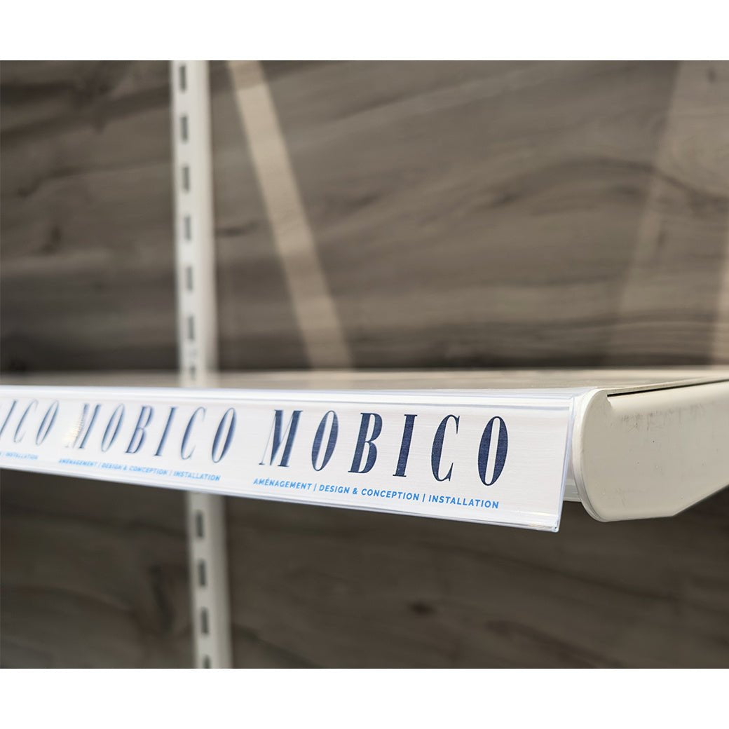 Bande porte - prix autocollant 48’’ x 1¼’’ H dos et devant clair - avec rebord et angle - Porte - prix & solution d'accrochage - Mobico Canada