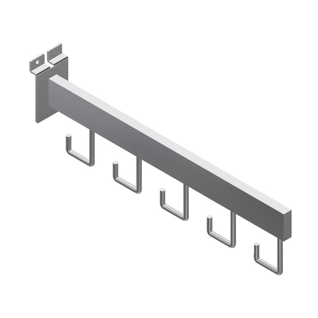 Bras droit 16'' avec 5 crochets pour Slatwall, tube 1/2'' x 11/2” - Accessoires pour panneaux rainuré - Mobico Canada