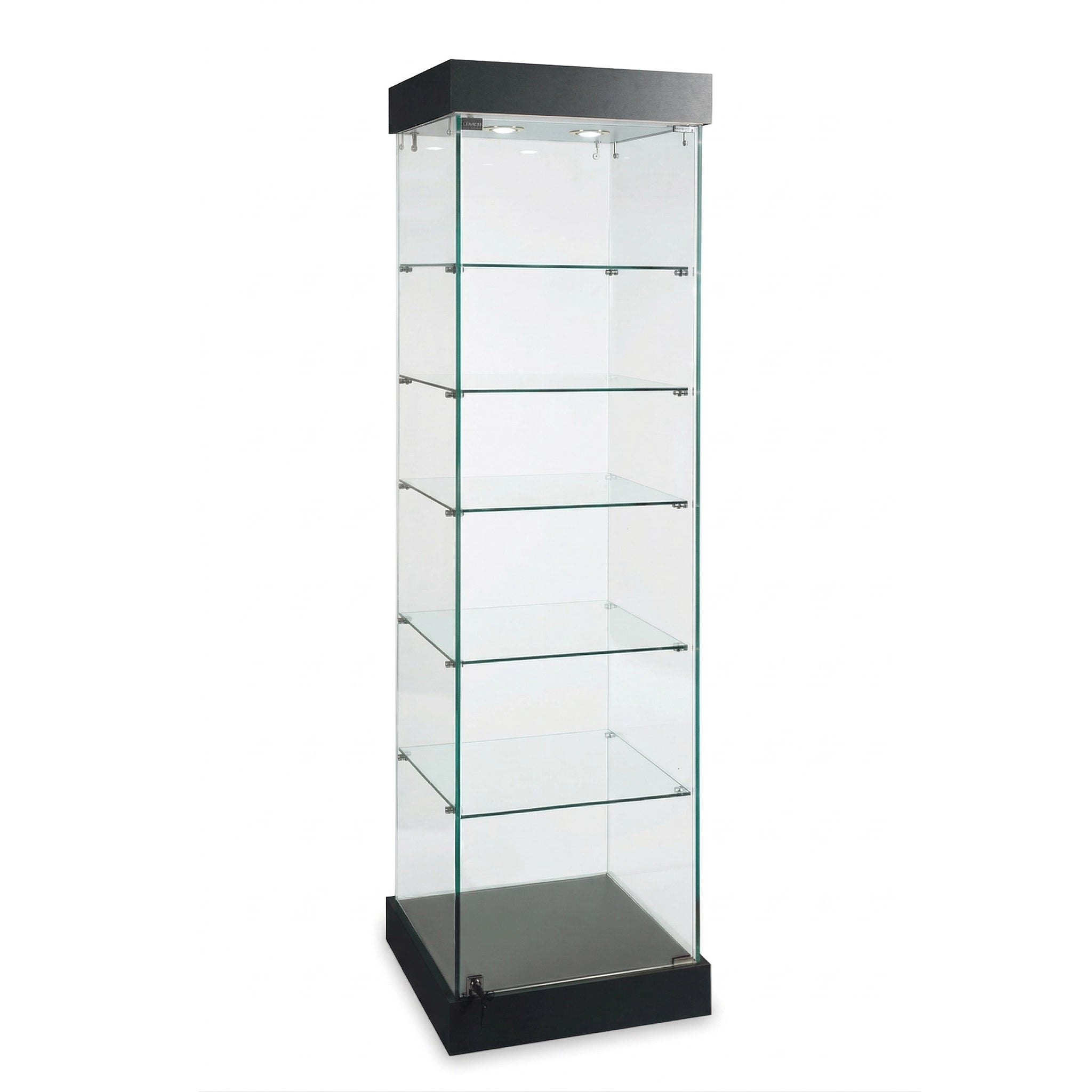 Tour vitrée verre sur verre 76" H avec tablettes en verre et éclairage DEL pour exposition de produits.