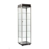 Glass display tower on casters with adjustable shelves 20” x 20” x 76”