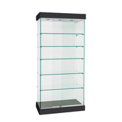 Vitrine murale 76" H verre sur verre avec tablettes en verre et éclairage DEL pour exposition de produits.