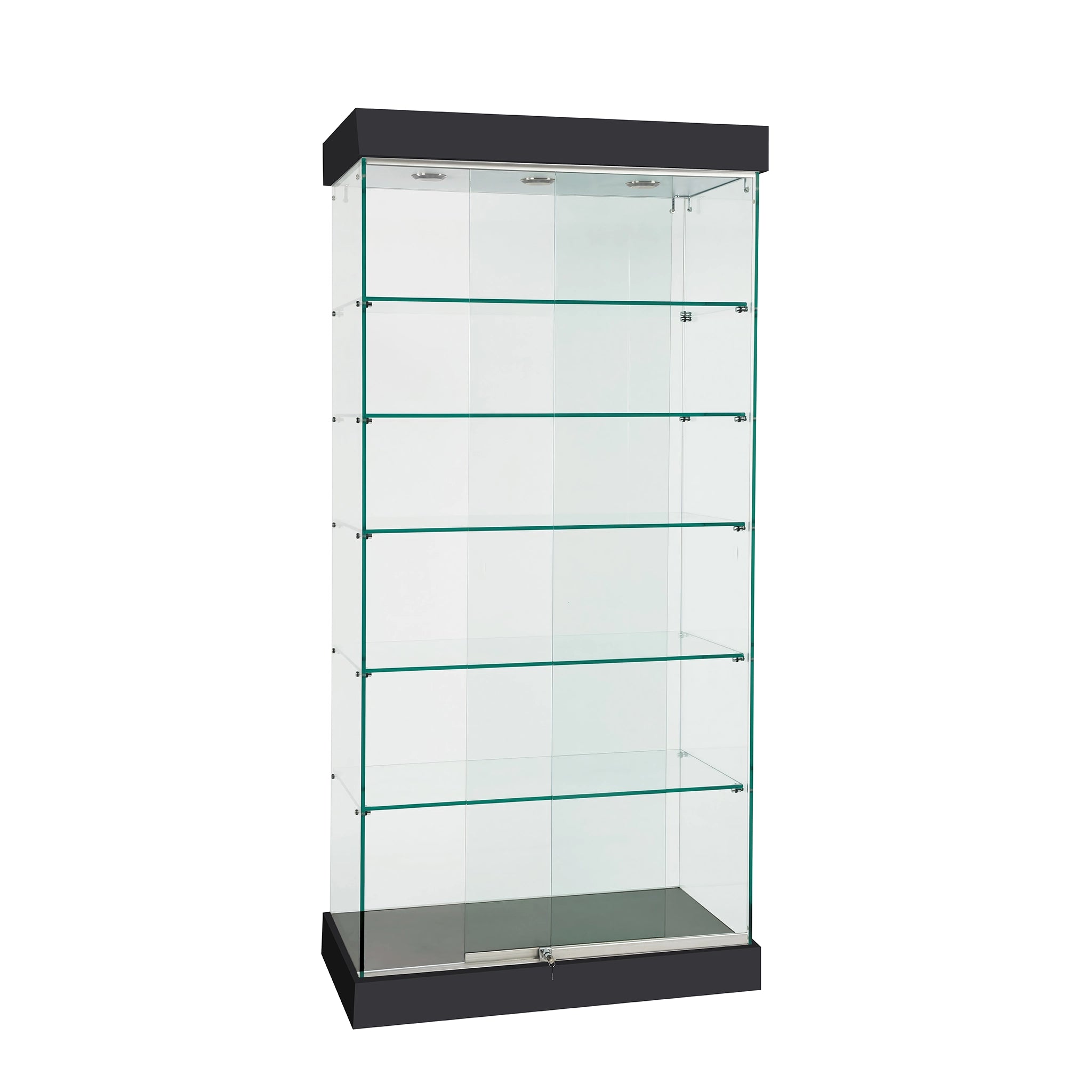 Vitrine murale 76" H verre sur verre avec tablettes en verre et éclairage DEL pour exposition de produits.