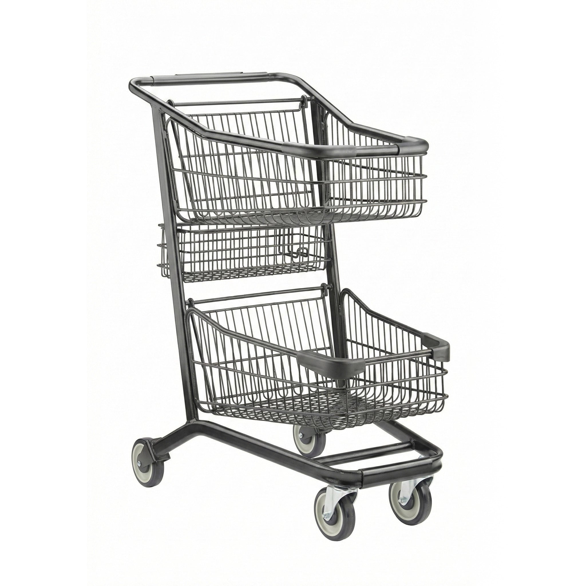 Chariot express à deux paniers avec compartiment arrière et roulettes