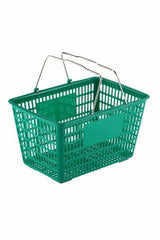 Plastic hand shopping basket with two metal handles.