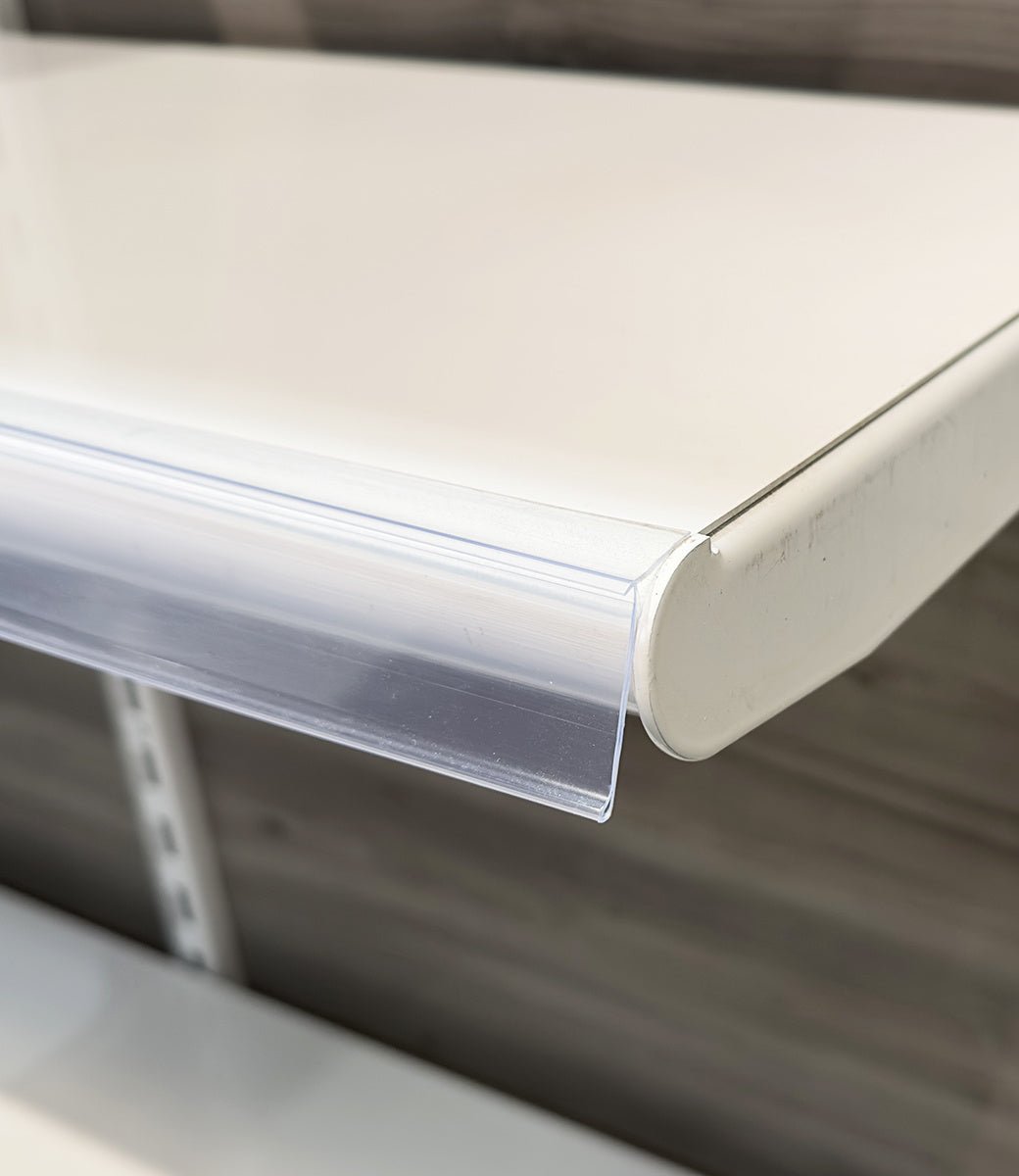 Bande porte - prix autocollant 48’’ x 1¼’’ H dos et devant clair - avec rebord et angle - Porte - prix & solution d'accrochage - Mobico Canada
