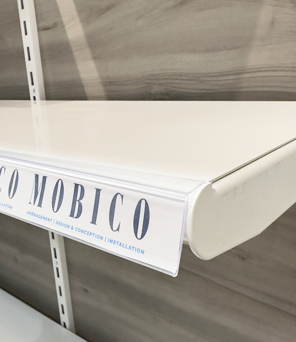 Bande porte - prix autocollant 48’’ x 1¼’’ H dos et devant clair - avec rebord et angle - Porte - prix & solution d'accrochage - Mobico Canada