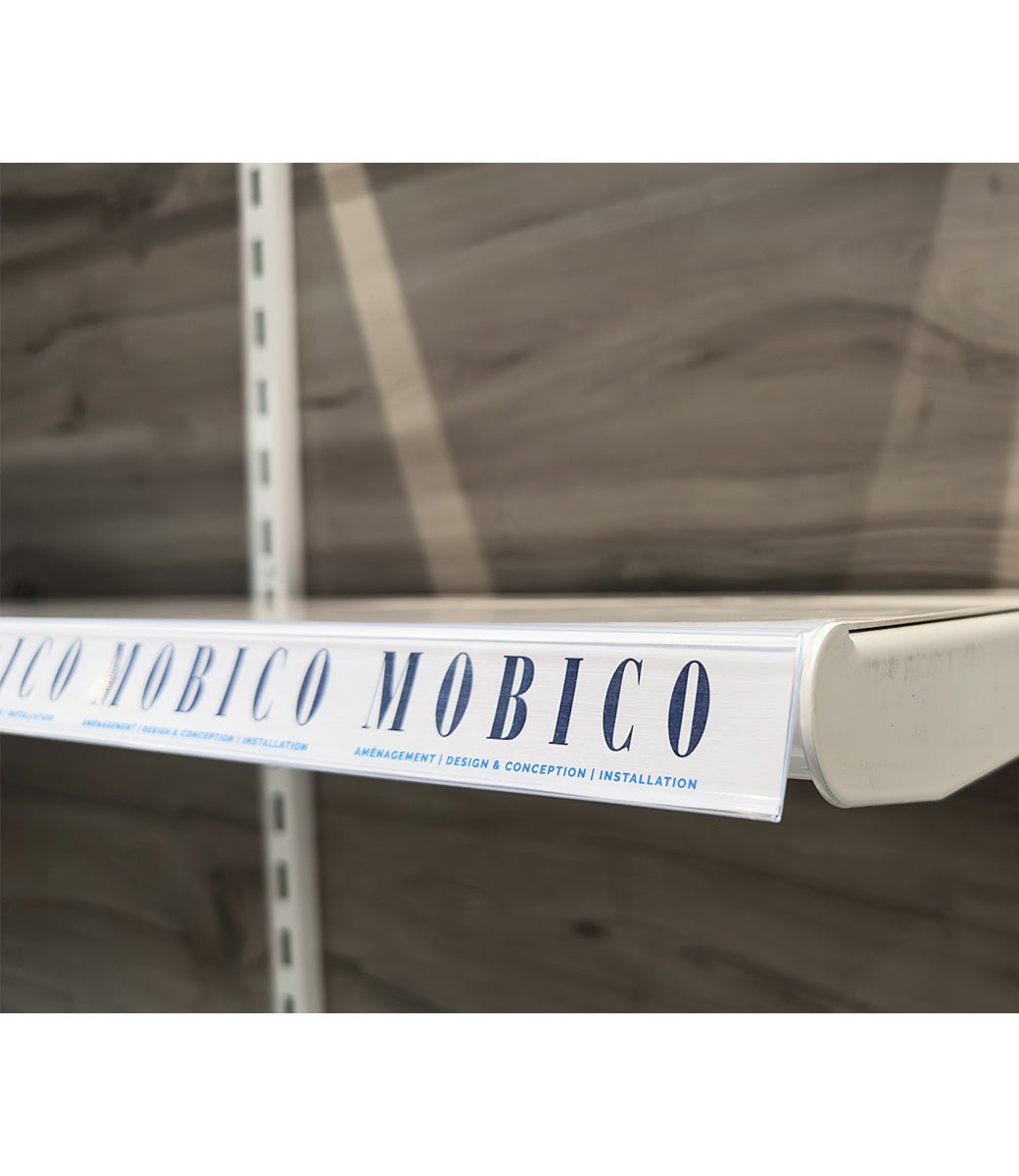 Bande porte - prix autocollant 48’’ x 1¼’’ H dos et devant clair - avec rebord et angle - Porte - prix & solution d'accrochage - Mobico Canada