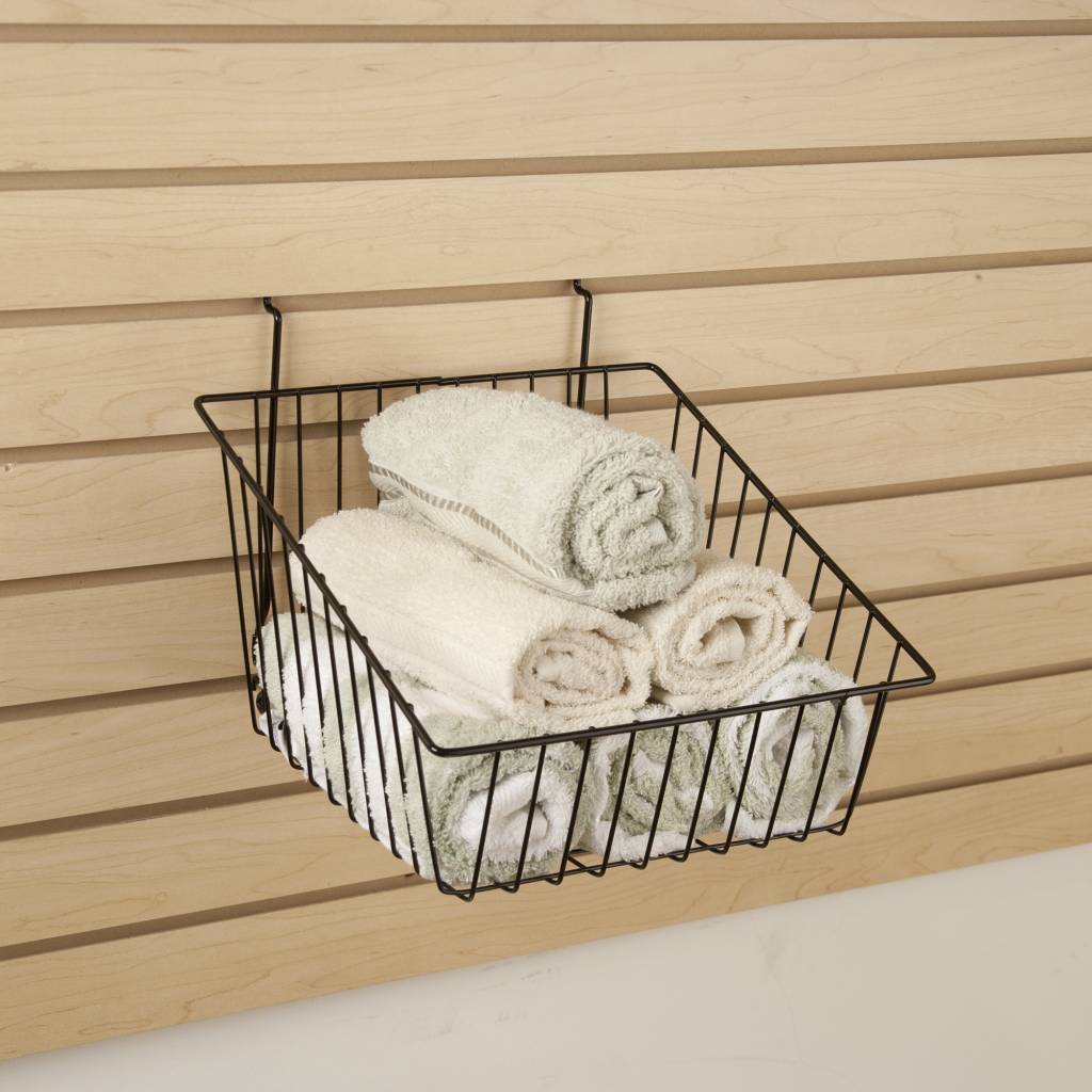 Panier à côtés inclinés pour panneau rainuré, perforé ou grille 12''x12''x 8''H noir ou blanc - Accessoires pour panneau perforé - Mobico Canada